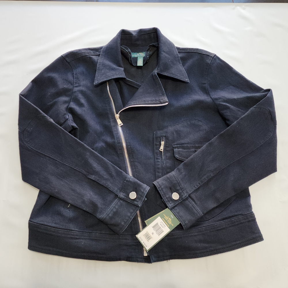 Ralph Lauren Asymmetrical Zip & Buckle Moto Jean Jacket Zippered pockets Size XL